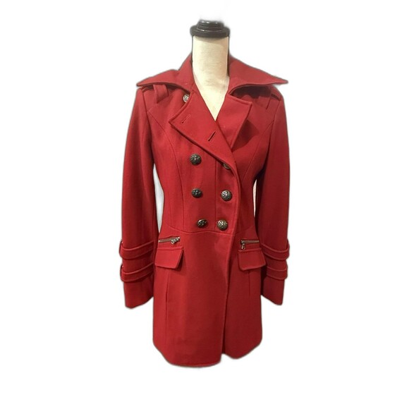 Guess Red Wool Blend Military Peacoat Jacket Double Breasted Belted Medium NEW - Picture 2 of 11